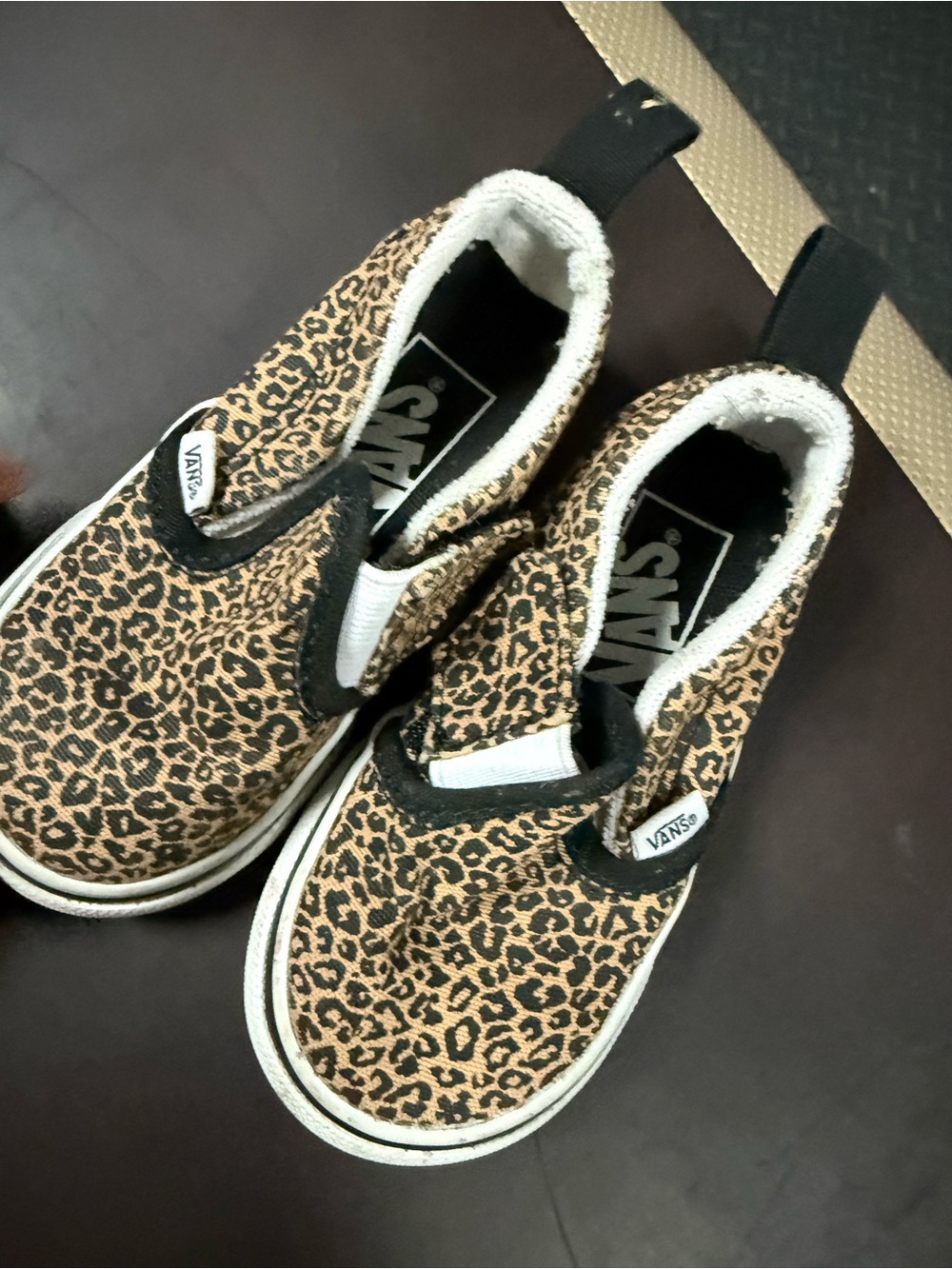 Vans Kids Leopard Print Slip-On Sneakers in Tan and Black
